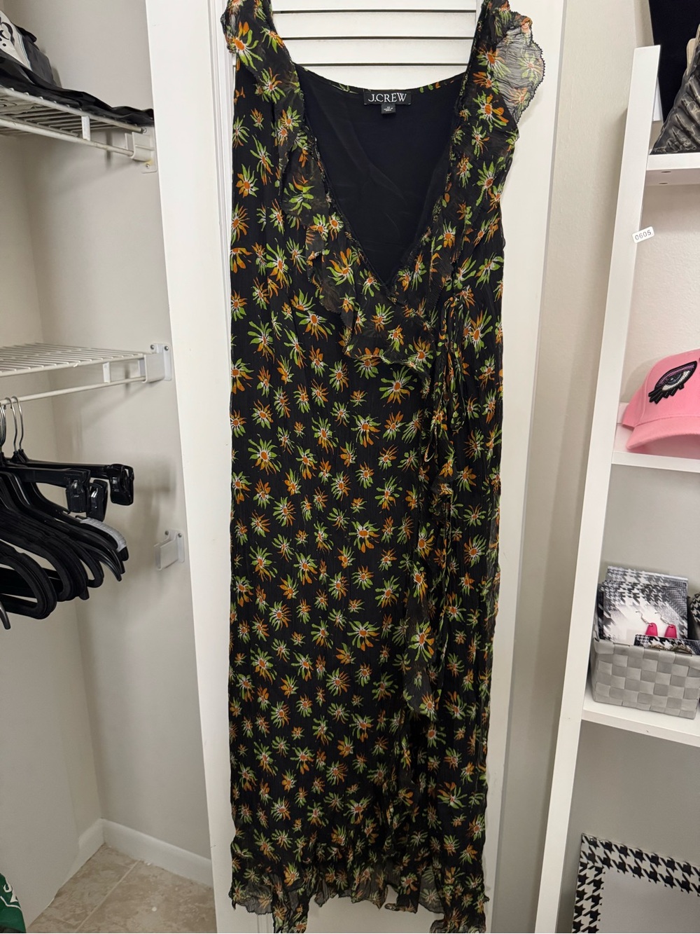 J. Crew Black Maxi Dress with Green and Orange Floral Print